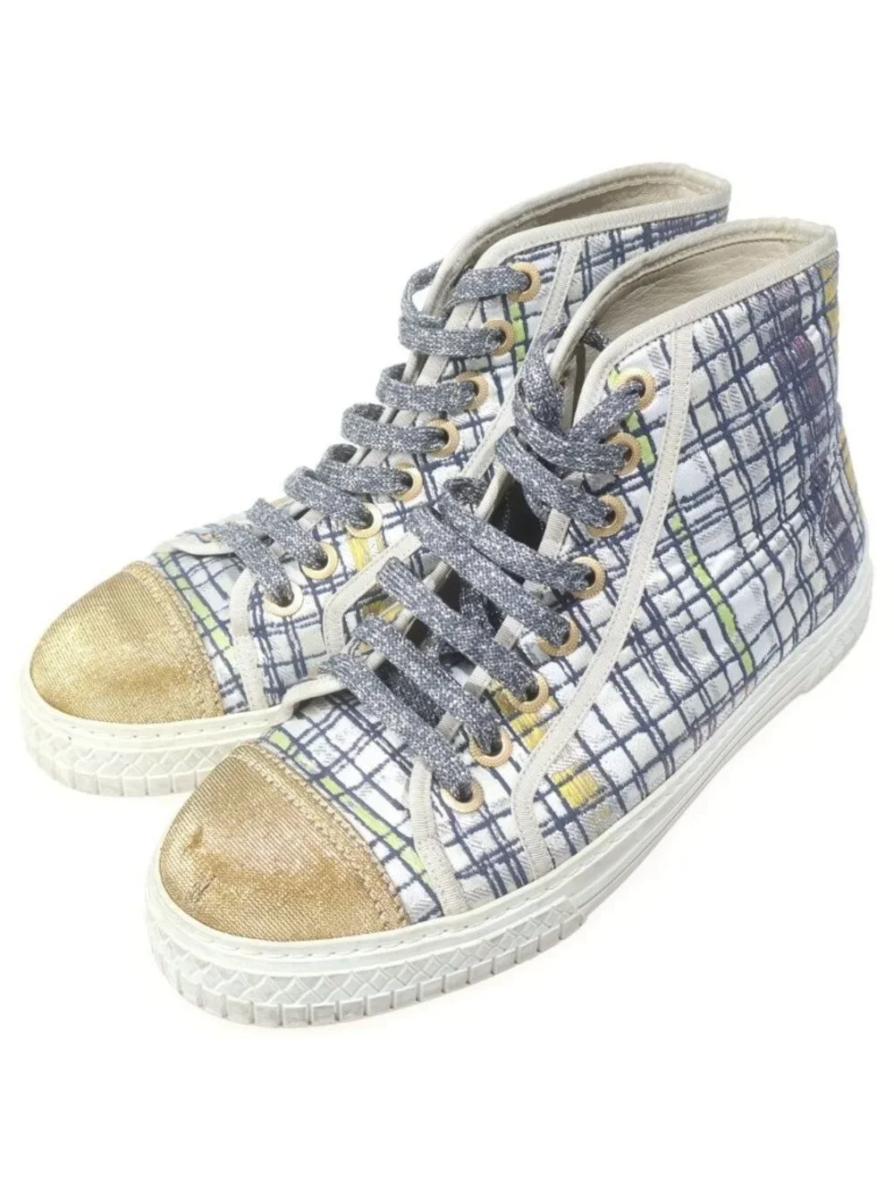 Chanel Tweed CC Logo High Cut Sneakers Silver